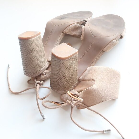 Franco Sarto Taupe Suede Strappy Round Open Toe Block Heels / Sandals / Shoes - Picture 13 of 16